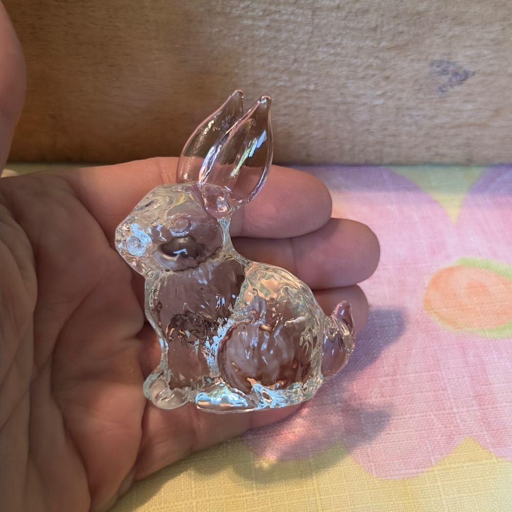 Glass Rabbit Bunny Pink Ears Clear Figurine Small Easter Decor 2.75" Cottagecore